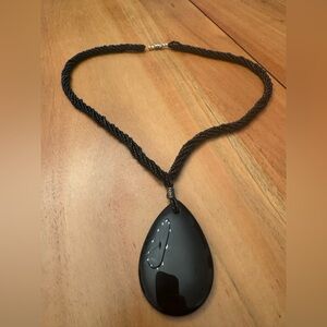 Black Teardrop Statement Necklace Beaded Rope Chain Boho Minimalist Pendant 23”